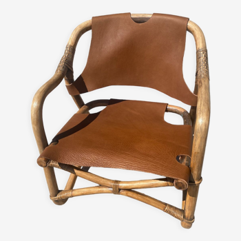 Fauteuil safari mid-century en bambou et cuir, danemark, 1960s