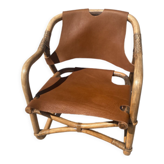 Mid-century safari armchair in bamboo and leather, denmark, 1960s