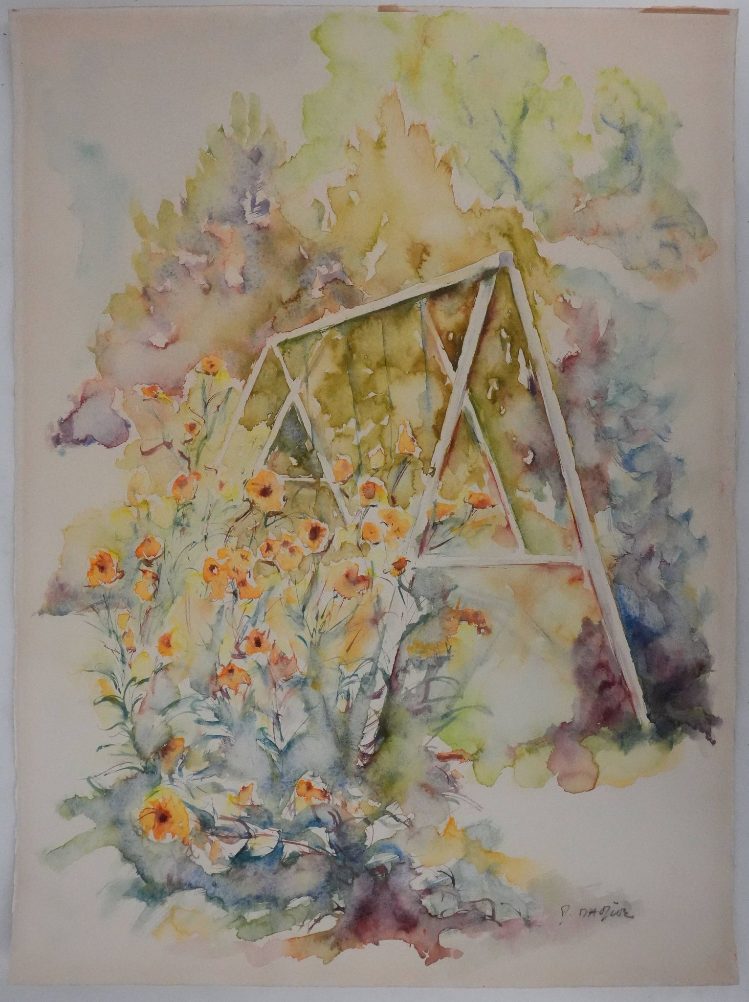 Ecole XXe : Le parc fleuri, aquarelle originale signée