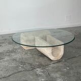 Coffee table in travertine and glass