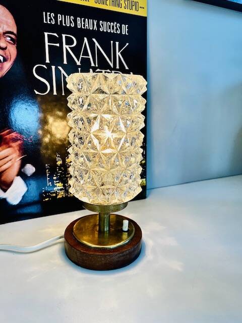 Vintage Mid-Century Scandinavian lamp in wood, brass, and pressed glass with spikes.