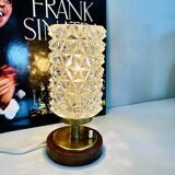 Vintage Mid-Century Scandinavian lamp in wood, brass, and pressed glass with spikes.