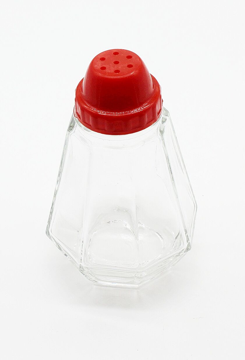 Glass salt and pepper and red bakelite