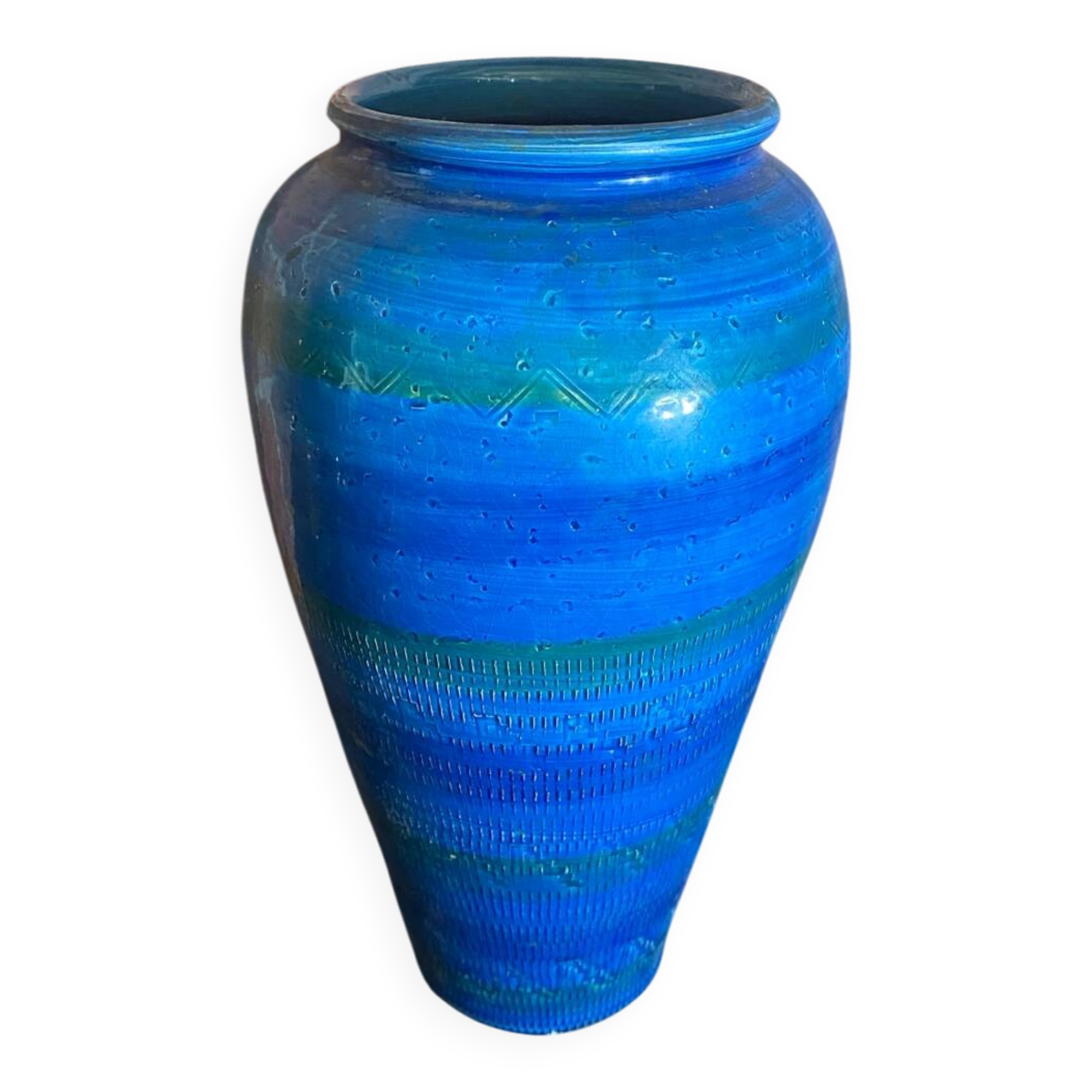 Antique ALDO LONDI vase for Bitossi, Chiseled Ceramic, Blue, Rimini Series