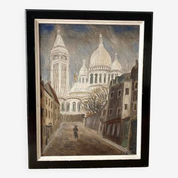 Oil on panel representing Montmartre and the Sacré Coeur, painting of a vintage view of Paris