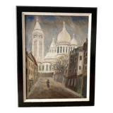 Oil on panel representing Montmartre and the Sacré Coeur, painting of a vintage view of Paris