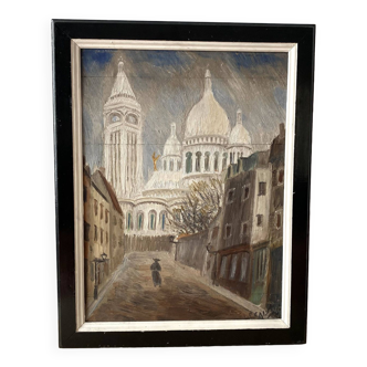 Oil on panel representing Montmartre and the Sacré Coeur, painting of a vintage view of Paris