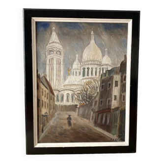 Huile sur panneau représentant Montmartre et le Sacré Coeur