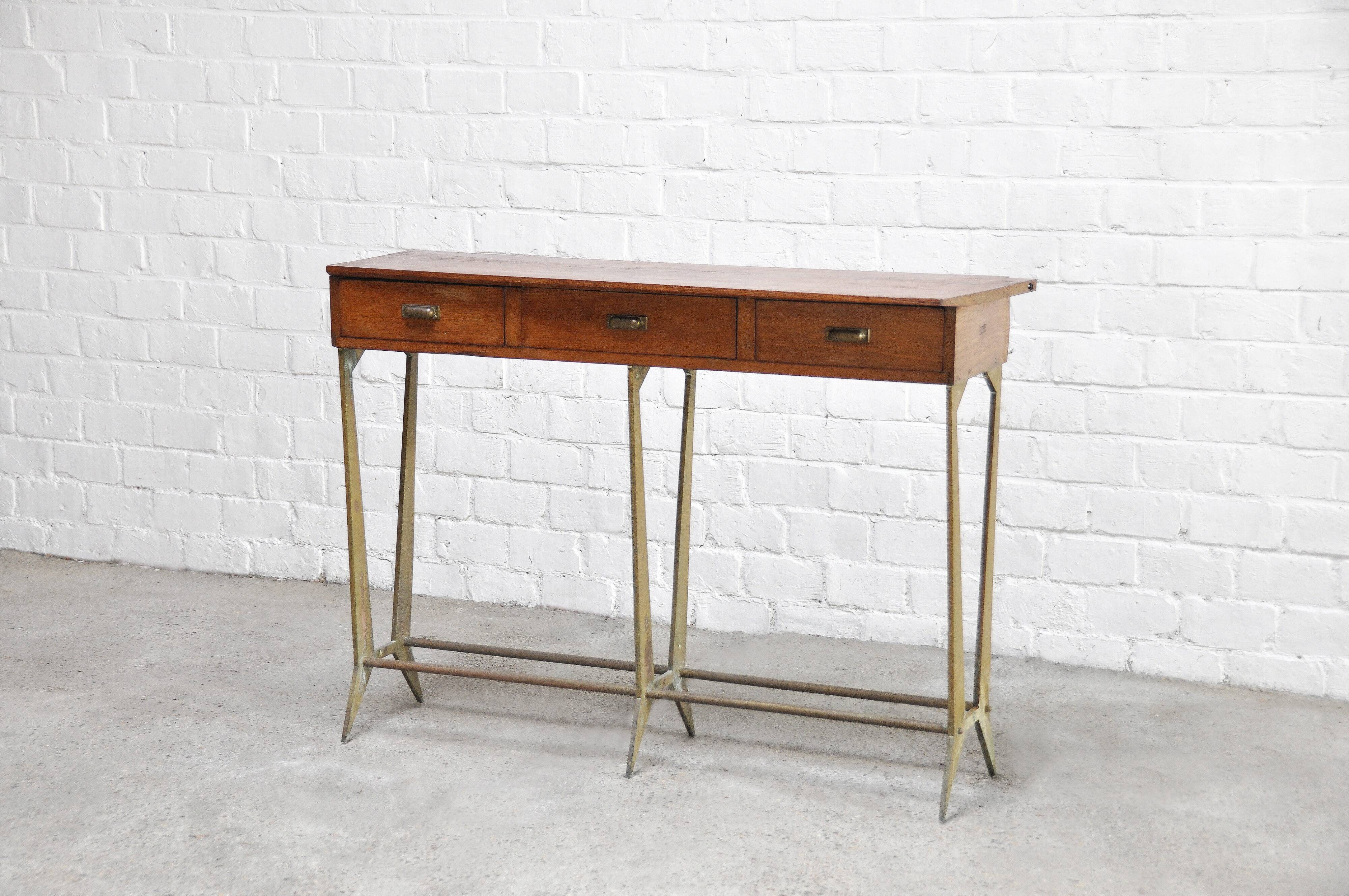 Sculptural wood & brass console table, italy 1950's