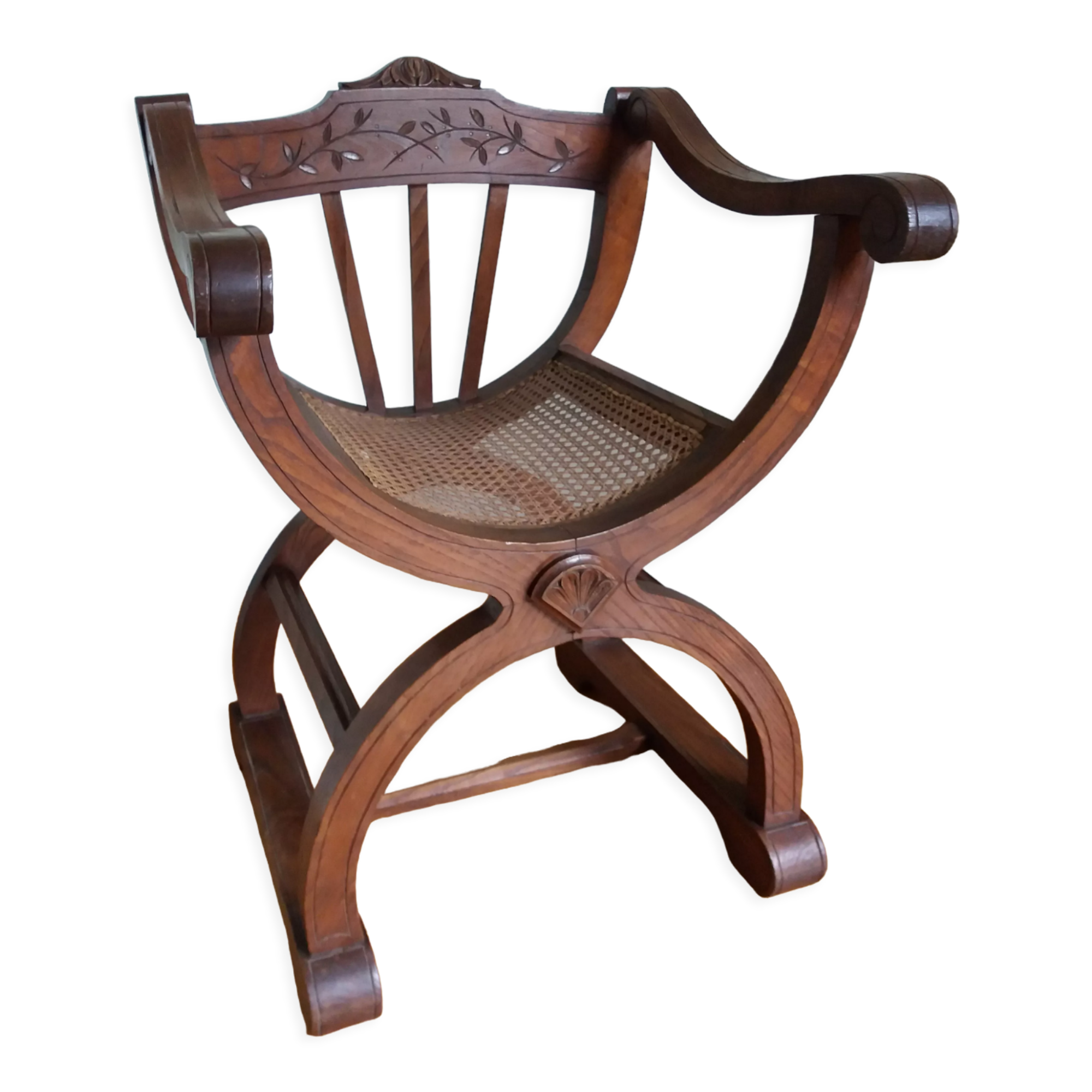 Armchair Curule Dagobert wood and rattan canning