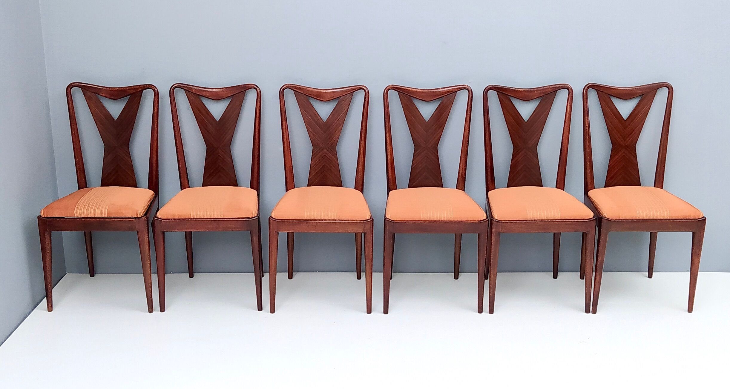 Set of Six Vintage Walnut Dining Chairs, Italy