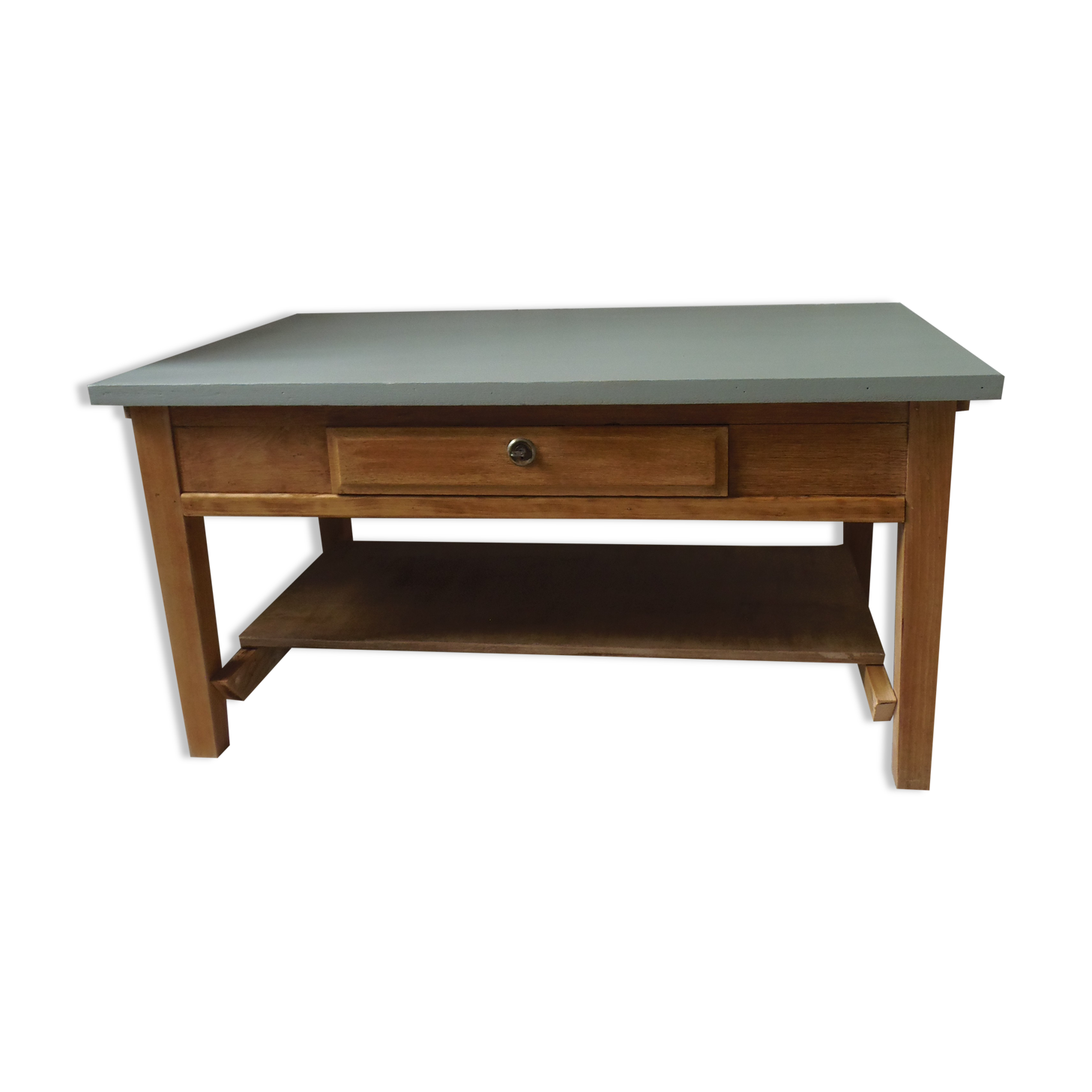 Table basse vintage, piétement, ceinture, tiroir et tablette bois, plateau vert de gris.