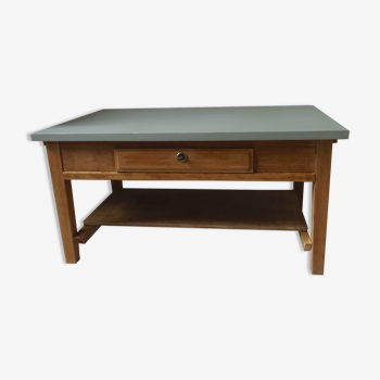 Vintage coffee table, base, belt, drawer and wooden shelf, gray green top.