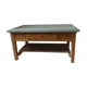 Table basse vintage, piétement, ceinture, tiroir et tablette bois, plateau vert de gris.
