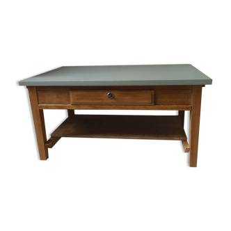 Vintage coffee table, base, belt, drawer and wooden shelf, gray green top.