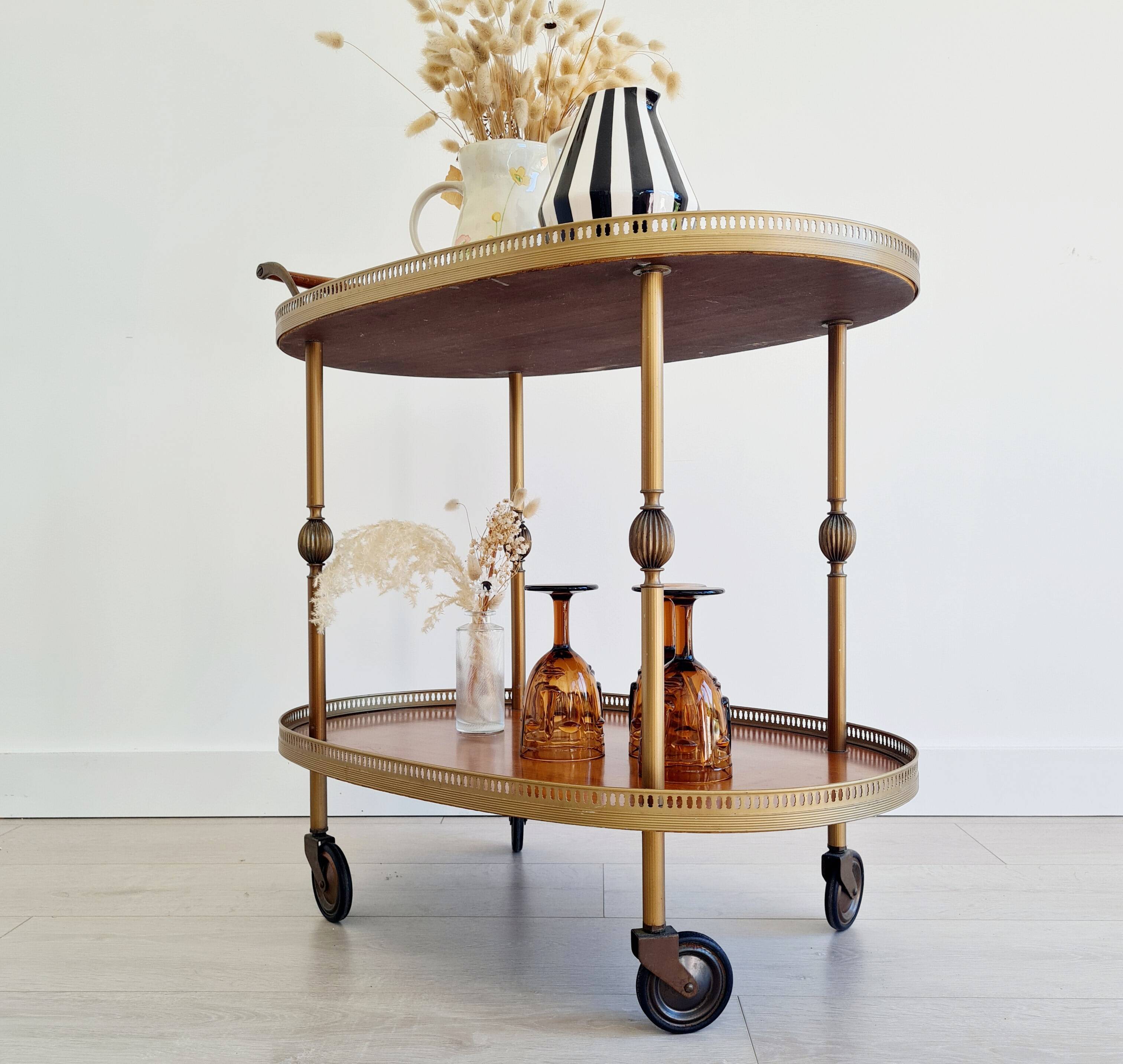 Antique brass rolling oval tray trolley