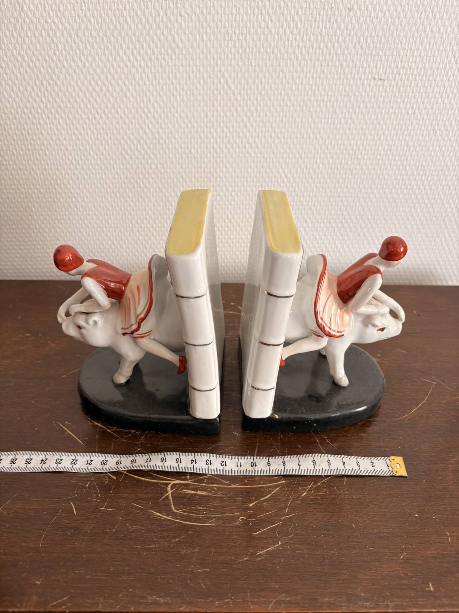 Old Pair of Bookends Porcelain White Girl Woman Equestrian Pig Art
