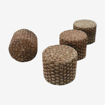 Lot de 4 poufs bois et corde 1950