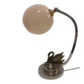 Art Deco table lamp, chrome brass, pink opaline globe, swan decoration.