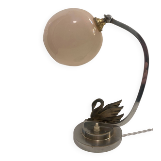 Art Deco table lamp, chrome brass, pink opaline globe, swan decoration.