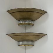 Pair of Art Deco corner sconces, brass and glass, France 1930