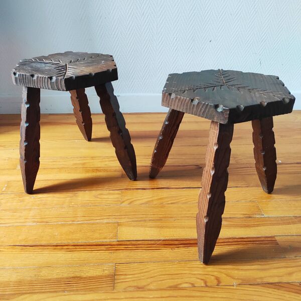 Paire de tabourets tripode brutaliste 1955/60