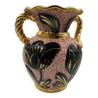 Vintage Vallauris Vase - Pink Black Gold Tulip Flowers - Decoration 1950 - 1960