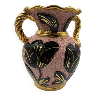 Vase Vallauris Vintage - Rose Noir Doré Fleurs Tulipe - Décoration 1950 - 1960