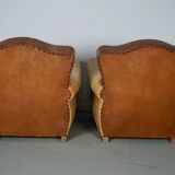 Pair of French Cognac Moustache Back Leather Club Chairs, 1940s
