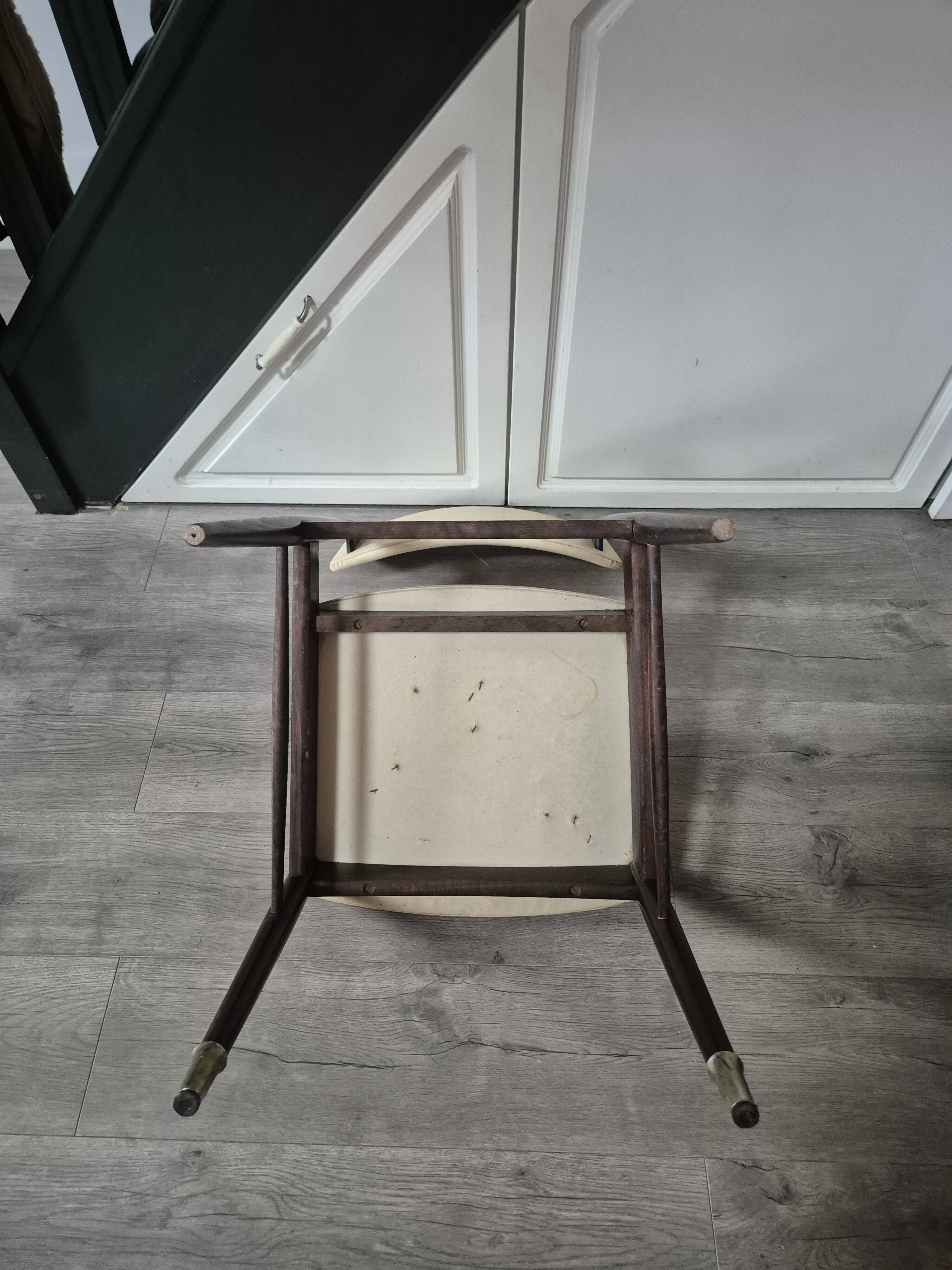 vintage chair wooden frame compass foot with metal on the front backrest and ecru leather seat