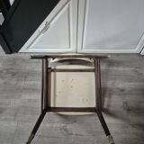 vintage chair wooden frame compass foot with metal on the front backrest and ecru leather seat