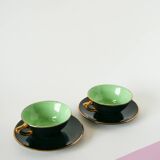 Set of 6 black and colored earthenware cups and saucers, 1950