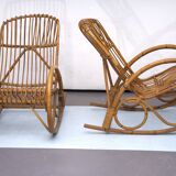 Franco Albini style, pair of rattan and bamboo rocking chairs. Italy 1950s