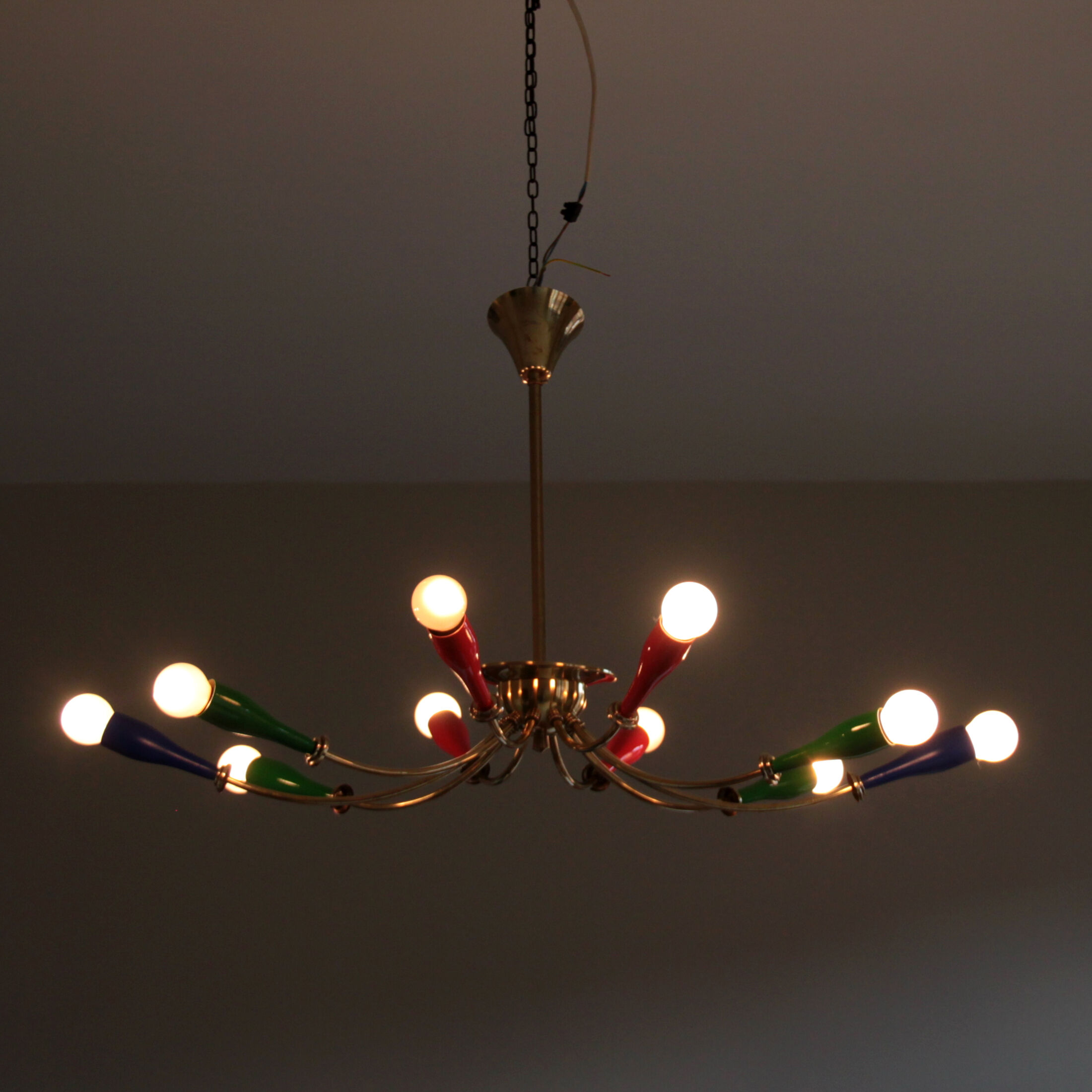 Vintage chandelier colorful brass 10 arms multicolored