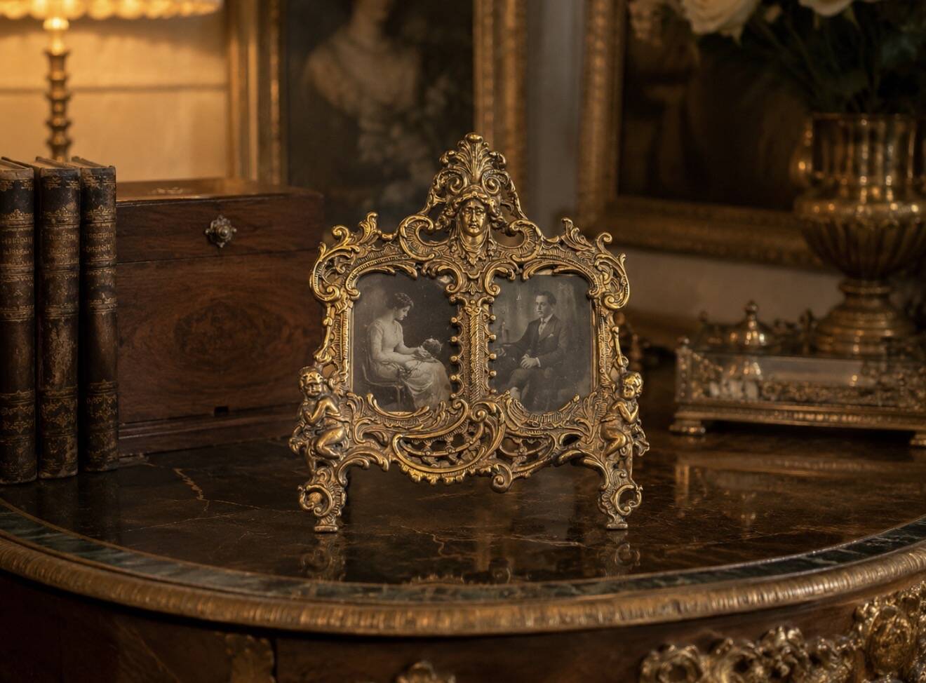 Paire de cadres en laiton doré rococo, cadres décoratifs antiques pour mur et table