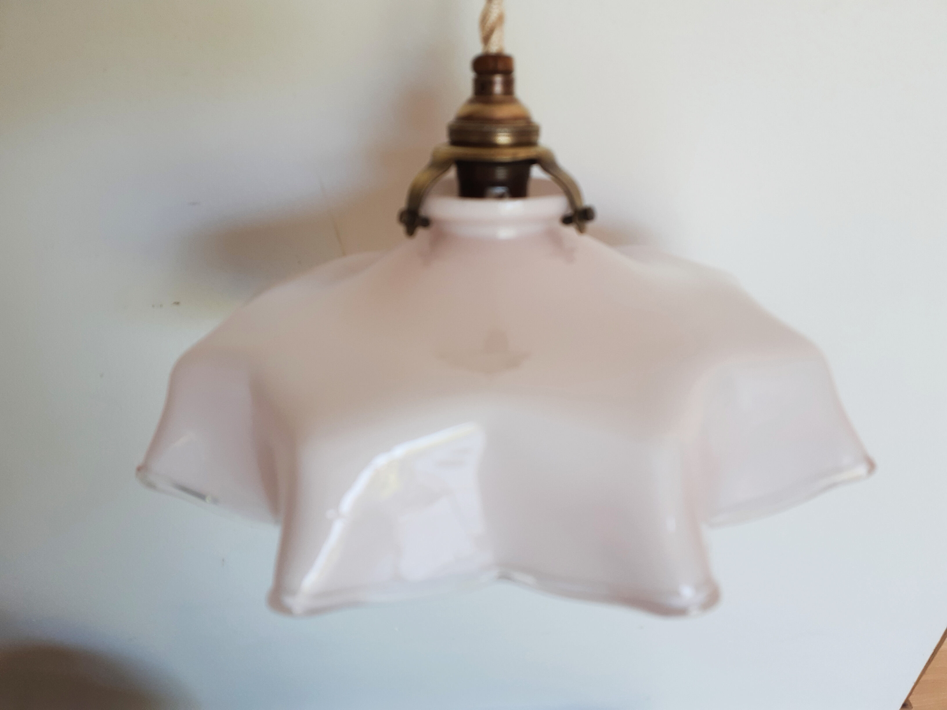 Vintage pastel pink and white glass luminaire, petticoat shape