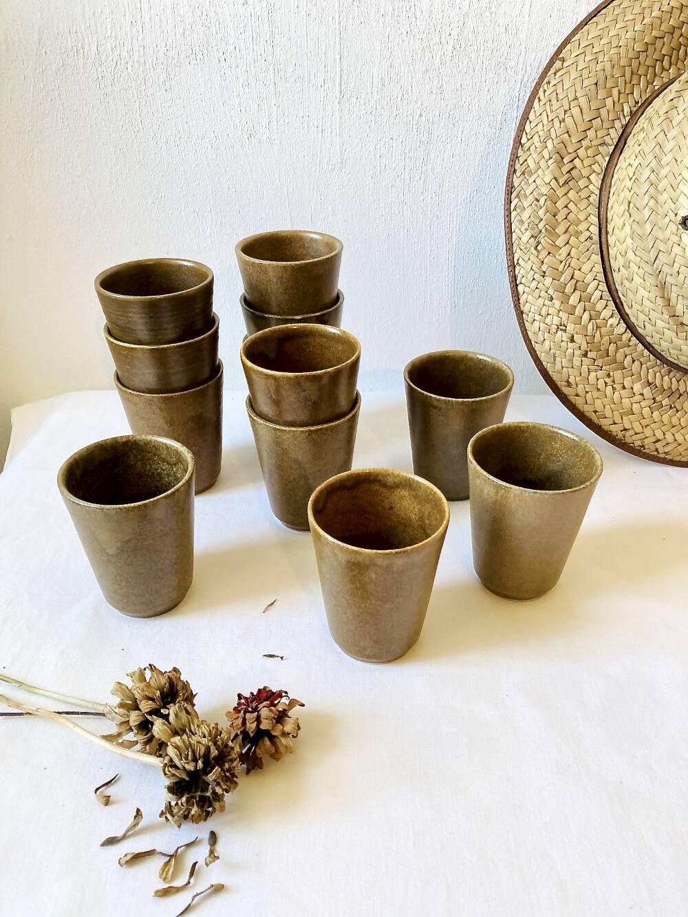 Set of 12 glazed stoneware cups, Digoin Stoneware Pots