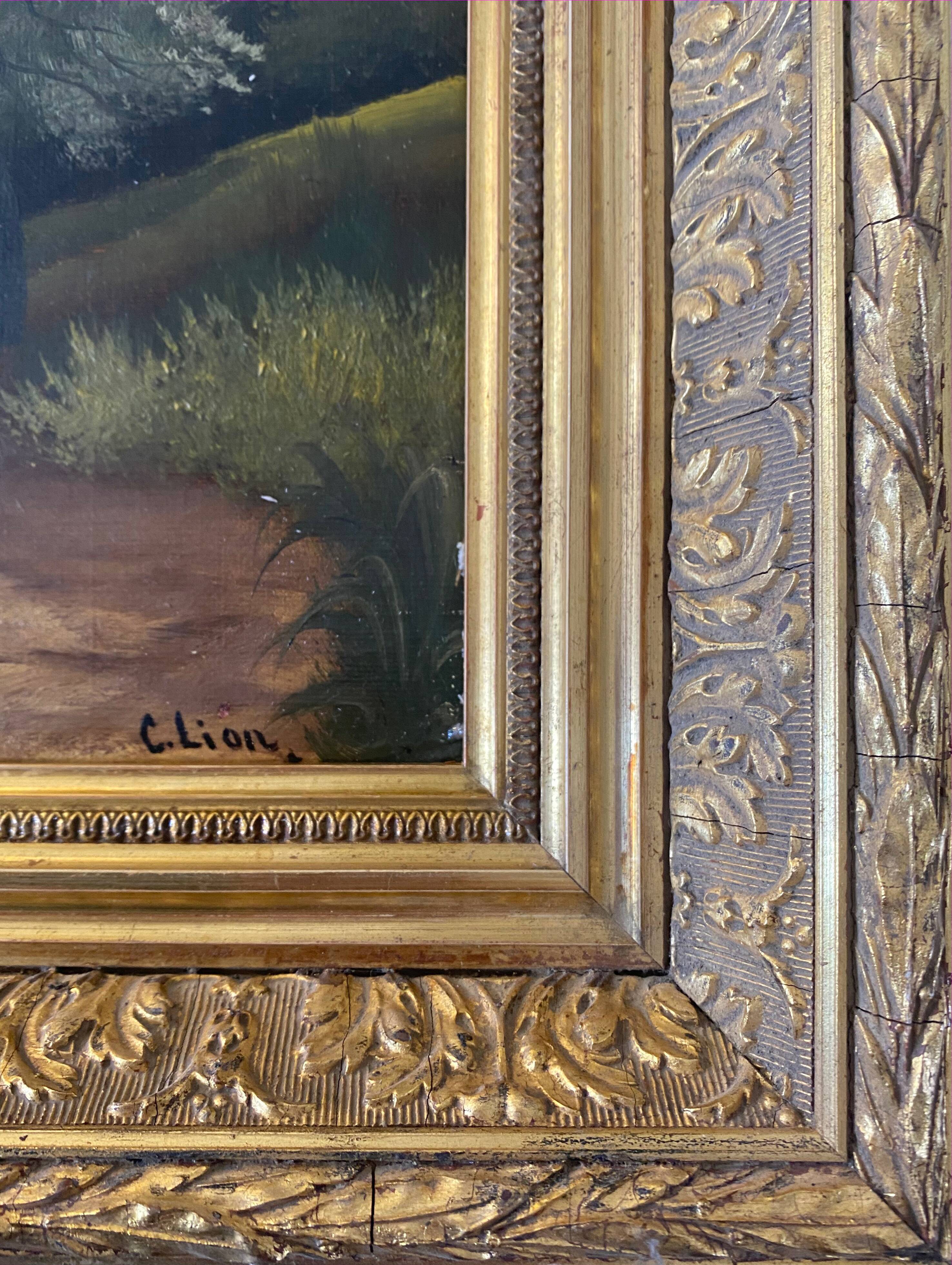 Table HST XIX° "The jewel of nature" Animated landscape Signed C. Lion + frame