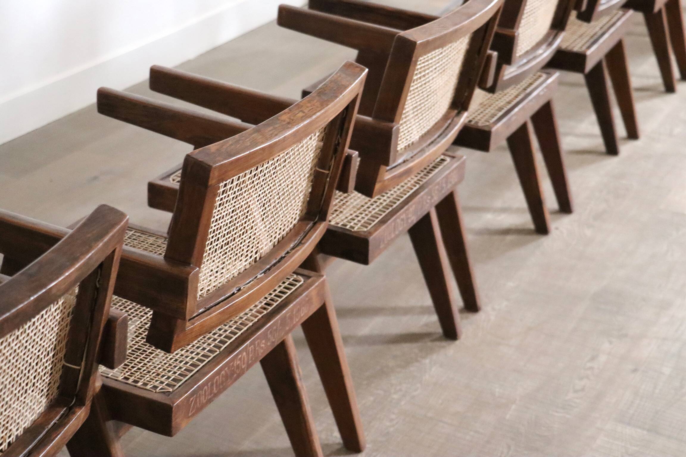 Set of 8 Pierre Jeanneret Office Cane Chairs, India 1950s
