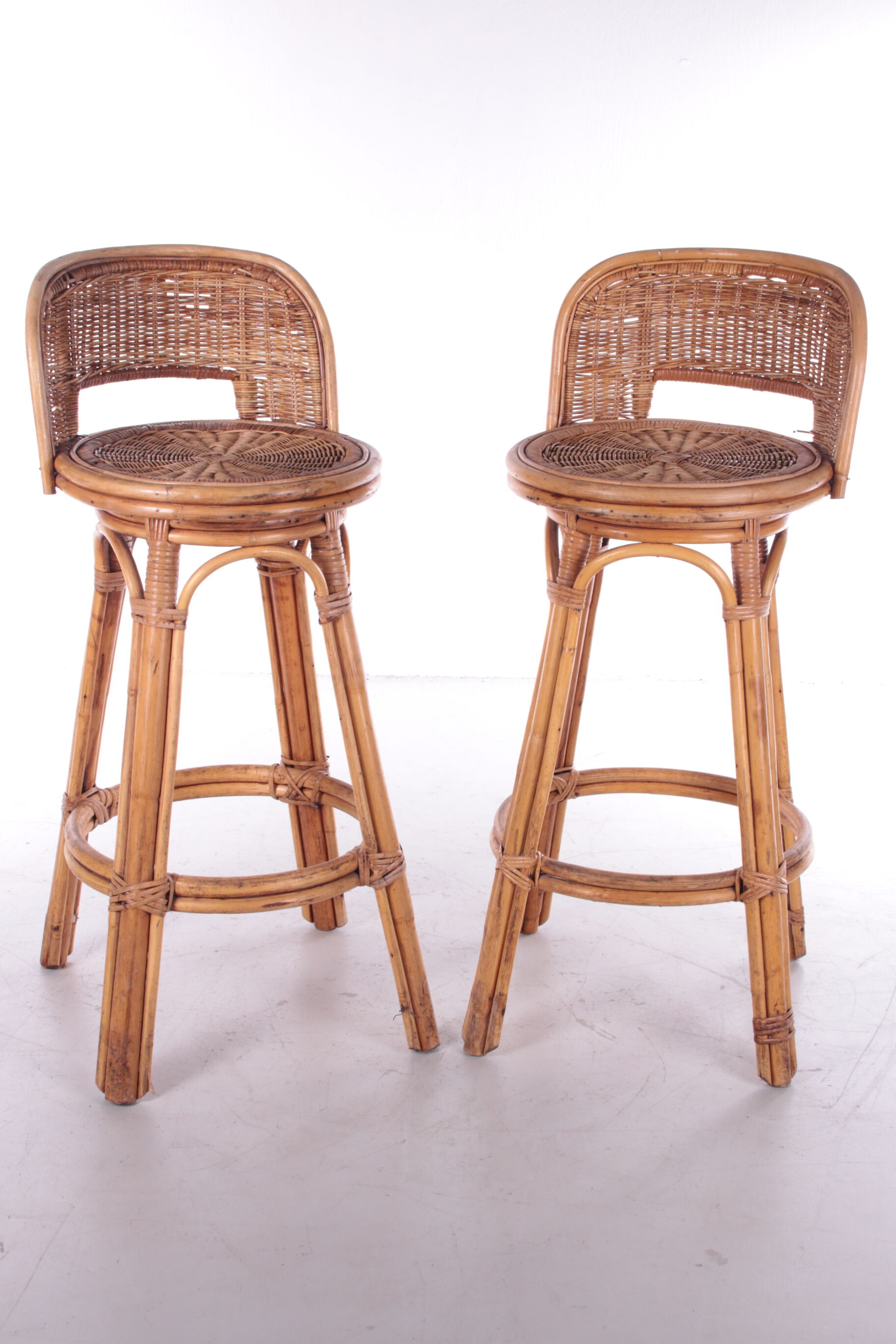 Vintage Rattan Swivel Bar Stool Set, 1950s