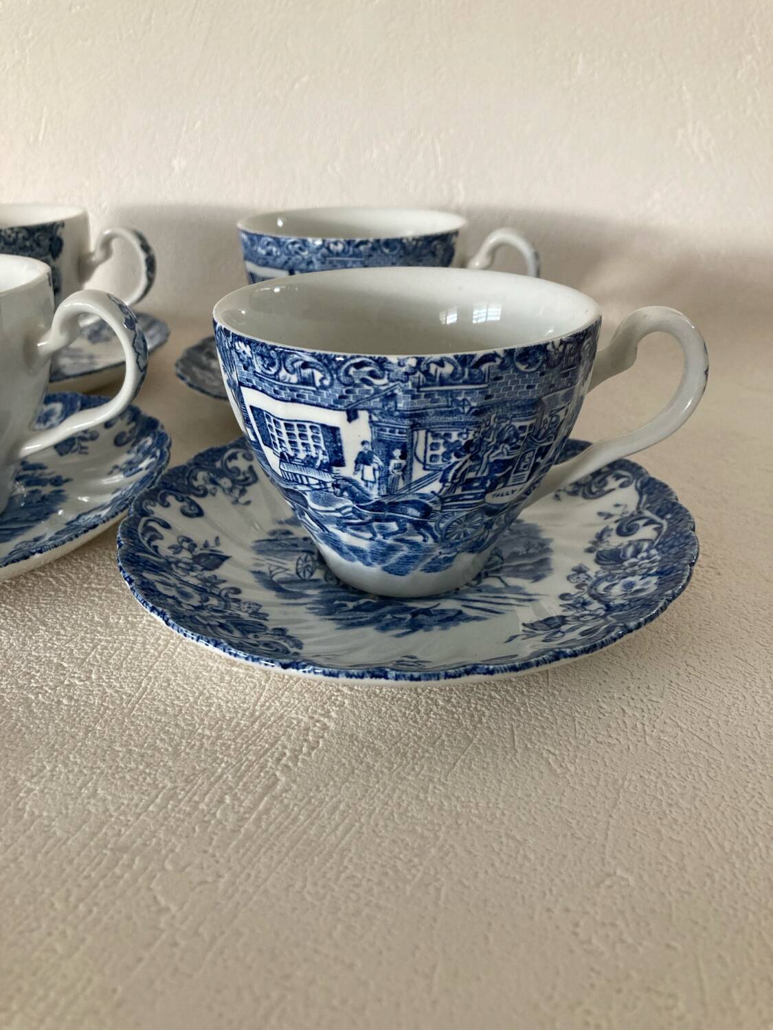 4 Coaching Scenes Blue Tea Cups and Saucers by Johnson Bros Ireston