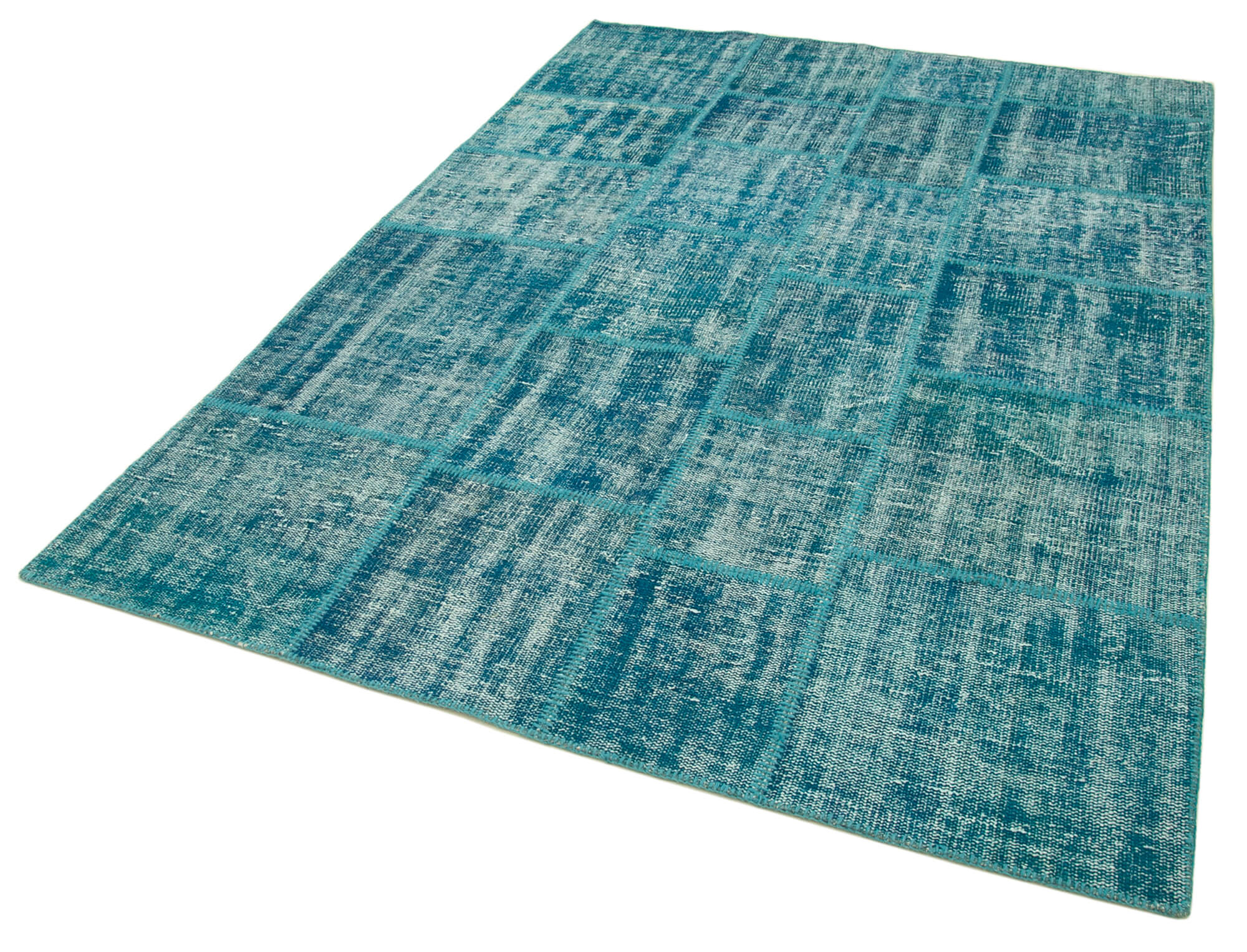 Handwoven turkish contemporary 174 cm x 247 cm turquoise patchwork carpet