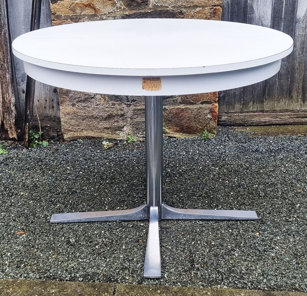 Round table in white formica, retractable, vintage, Collomb creation, 70s