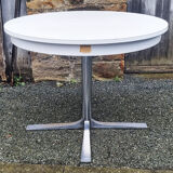 Round table in white formica, retractable, vintage, Collomb creation, 70s