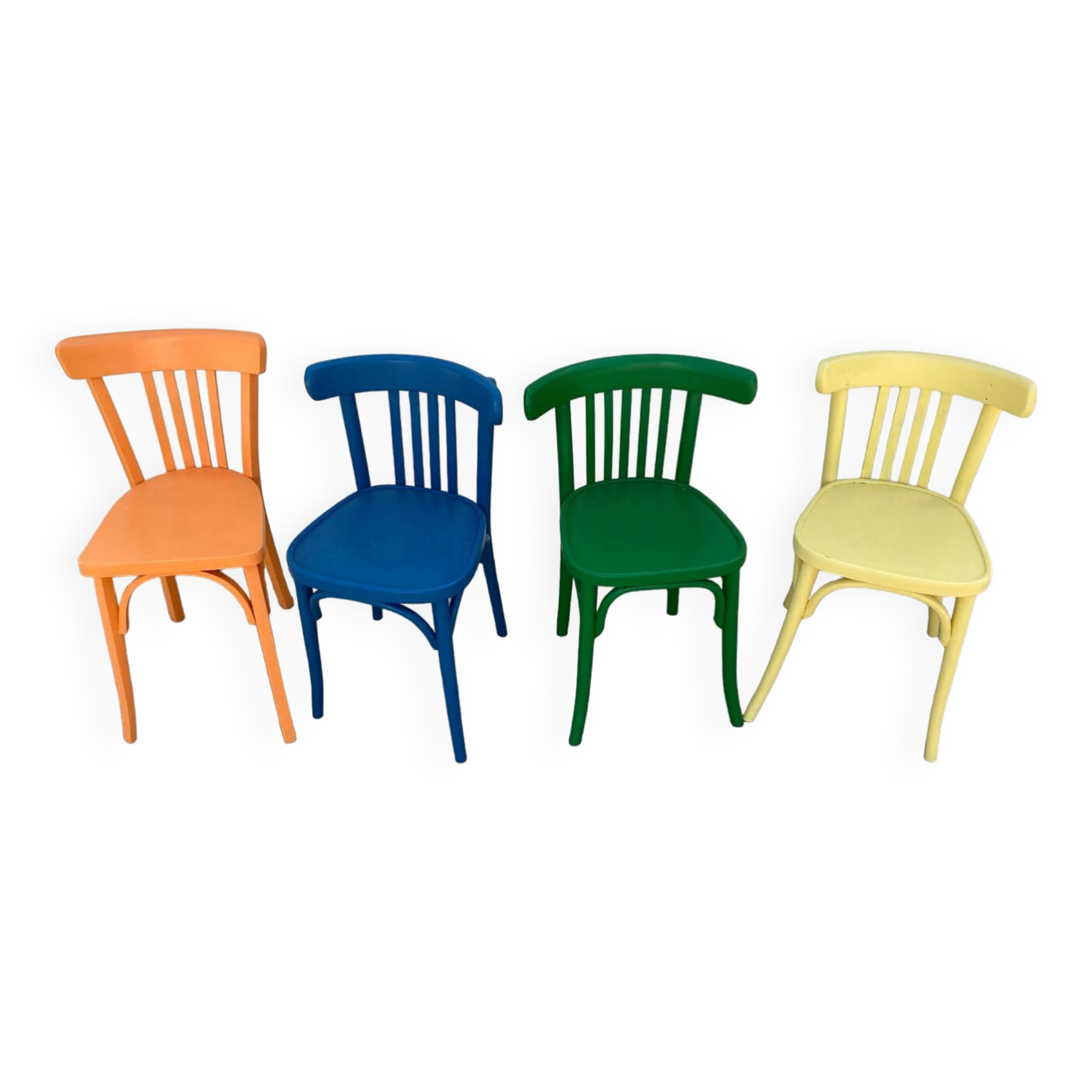 4 multi-colored bistro chairs