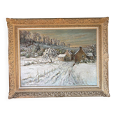 Grande huile sur toile signée Victor Zolnierowicz – Paysage enneigé en