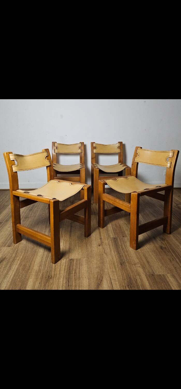 Solid Elm and cream leather chairs, Maison Regain, 1960s.