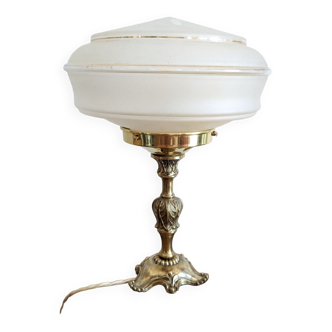 Antique brass lamp and frosted glass