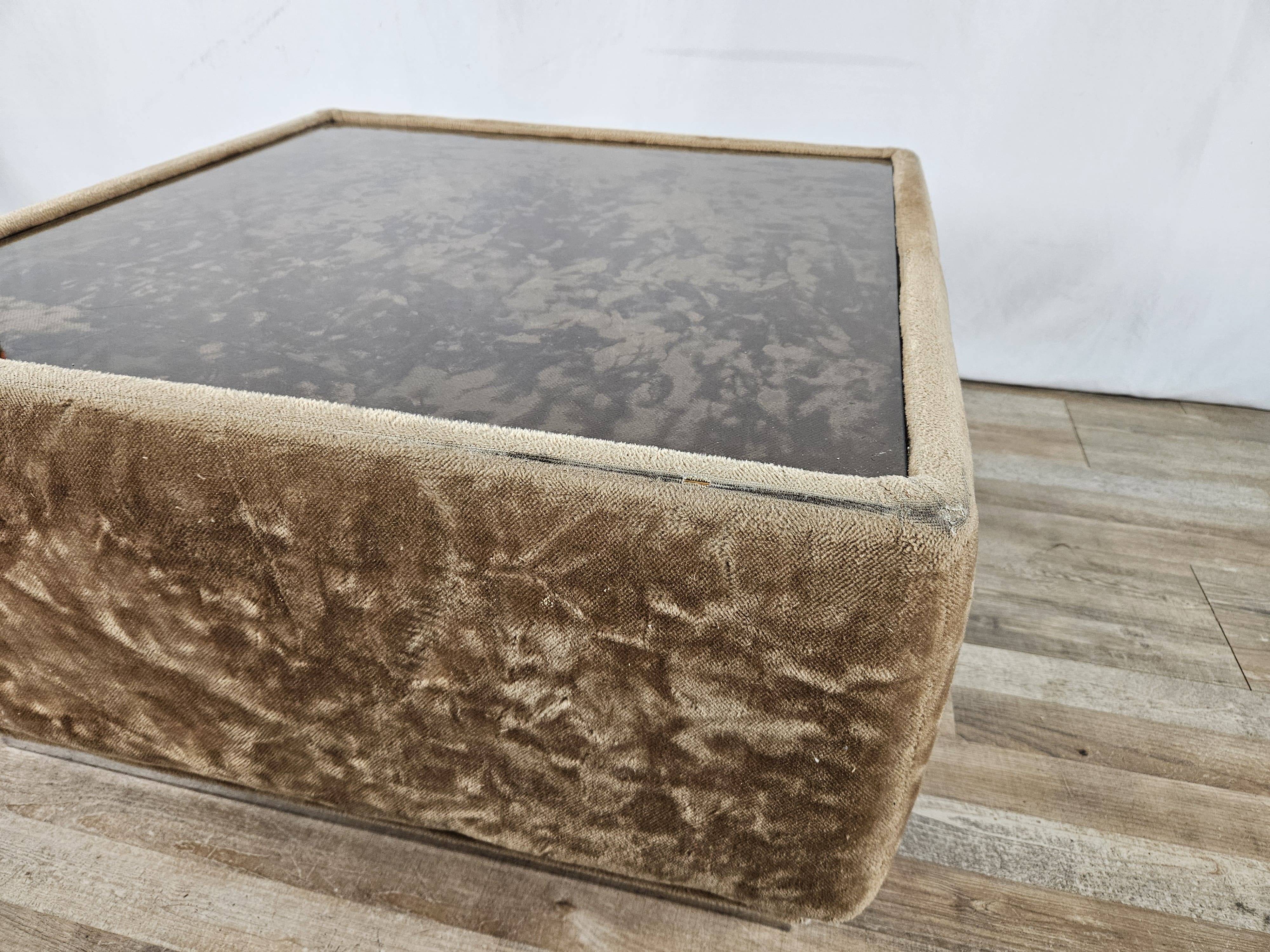 1970s coffee table covered in fabric with glass top
