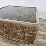 1970s coffee table covered in fabric with glass top